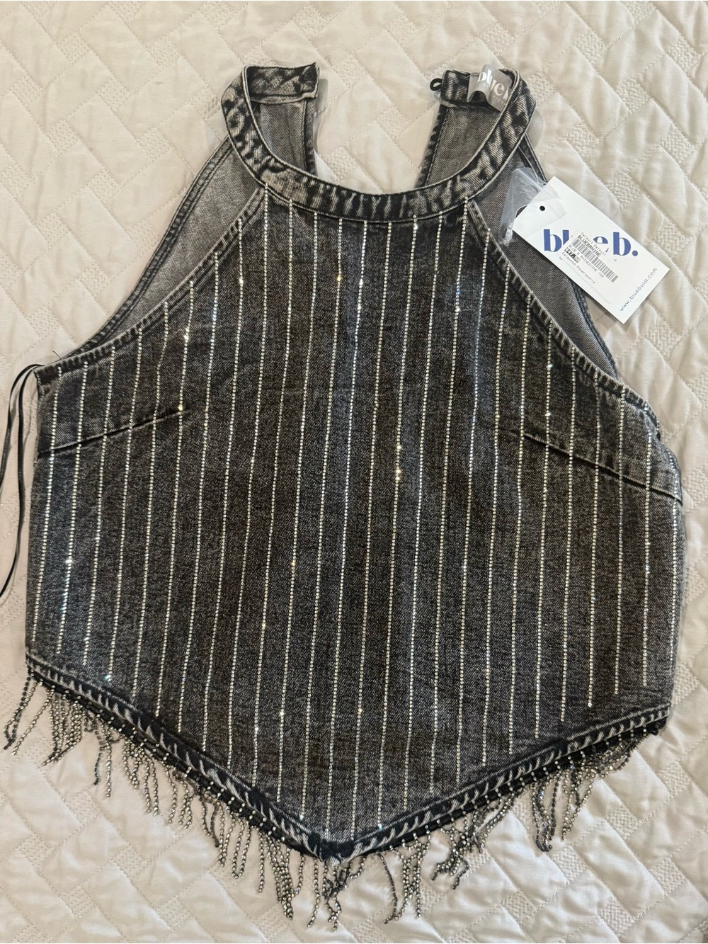 Denim white rhinestone halter top women’s small faux diamond fringe washed denim